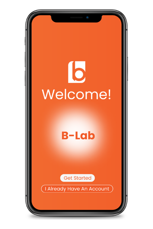 cellphone with B-Lab app welcome screen showing